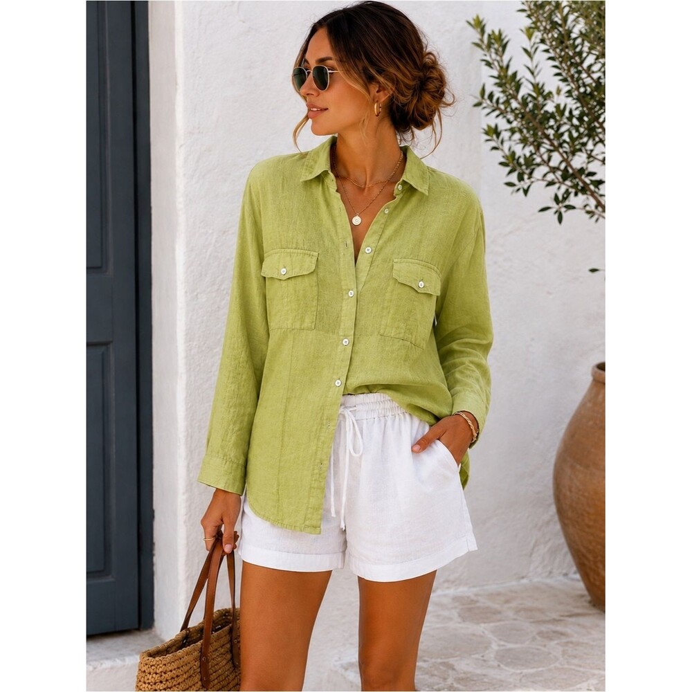 J. Jill Love Linen 100% Linen Button Up Shirt XL Pistachio Green Oversized